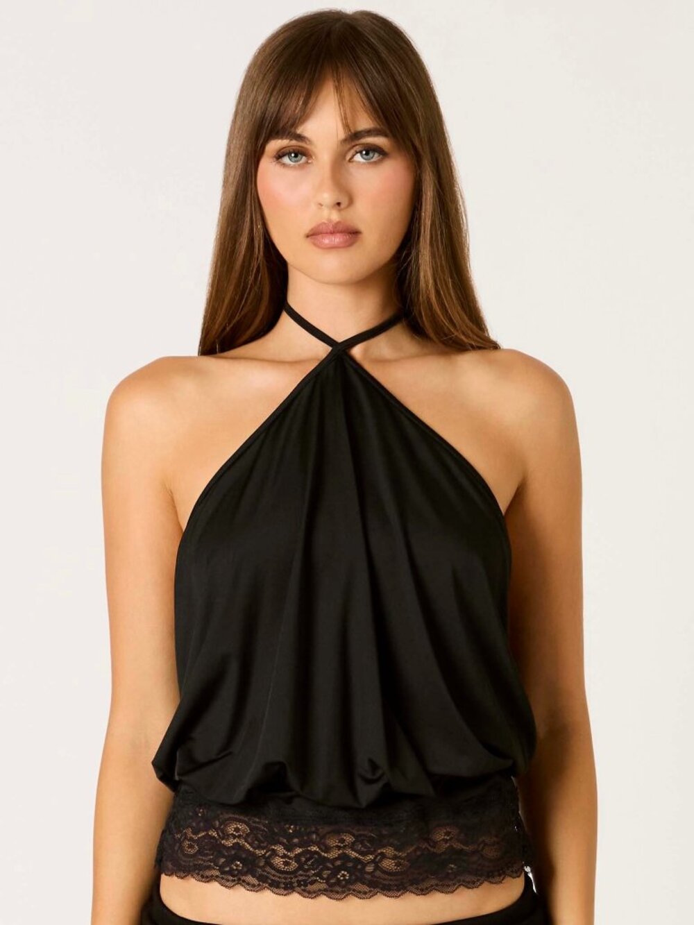 KEEP WATCHING BLACK LACE HALTER TOP